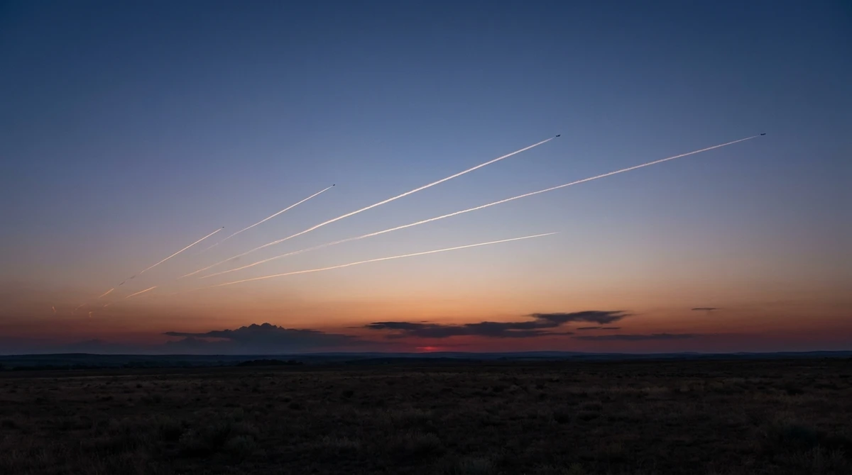 Illustration: aircraft contrails crossing a dusk sky at high altitude