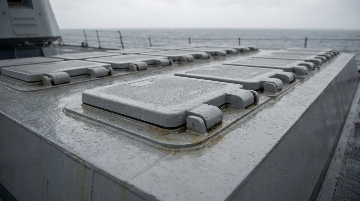 Illustration: closed vertical launch system hatches on a warship deck
