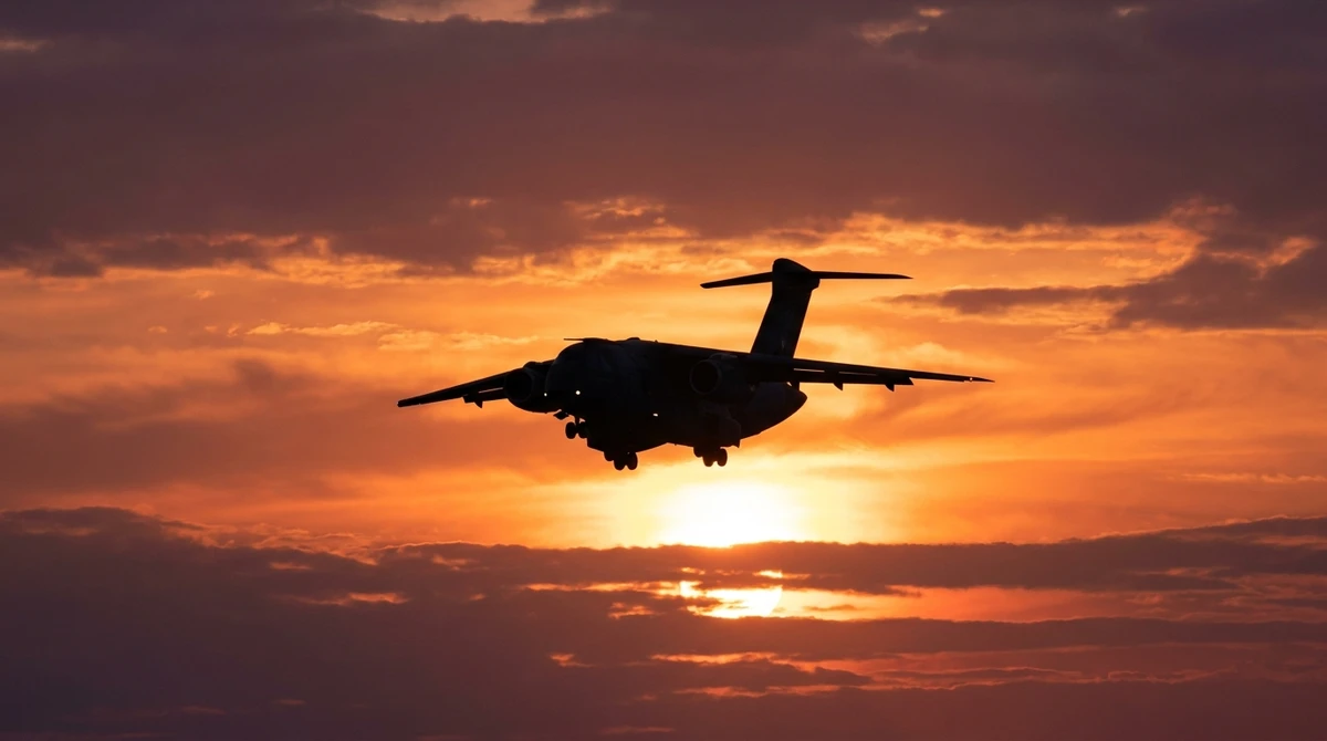 Illustration: silhouette of a twin-jet military transport aircraft at dusk