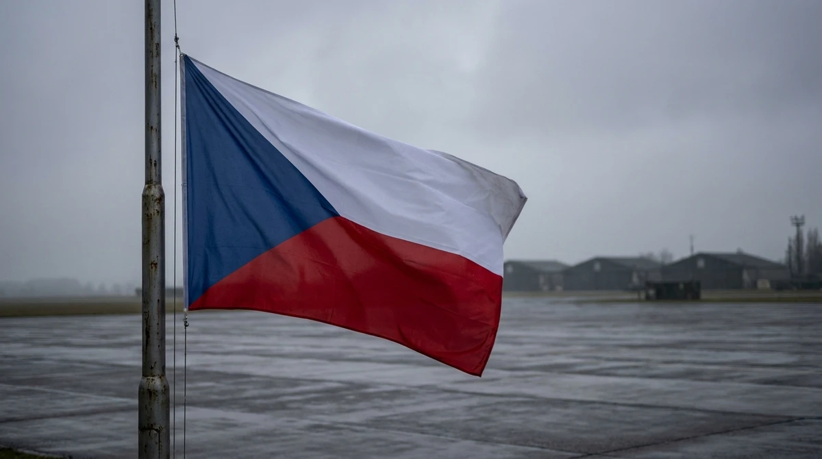 Illustration: Czech national flag flying at a military airfield