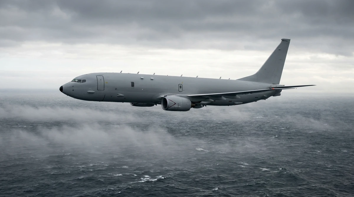 Illustration: P-8 Poseidon maritime patrol aircraft over an overcast sea