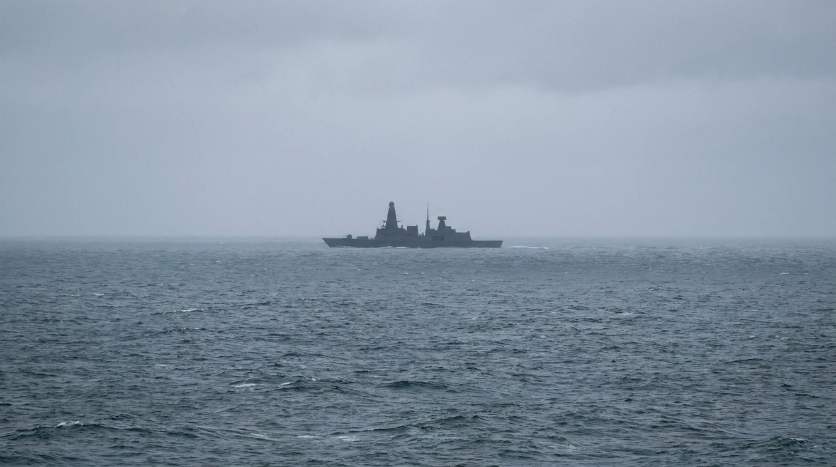 Illustration: distant silhouette of a frigate at sea under an overcast sky