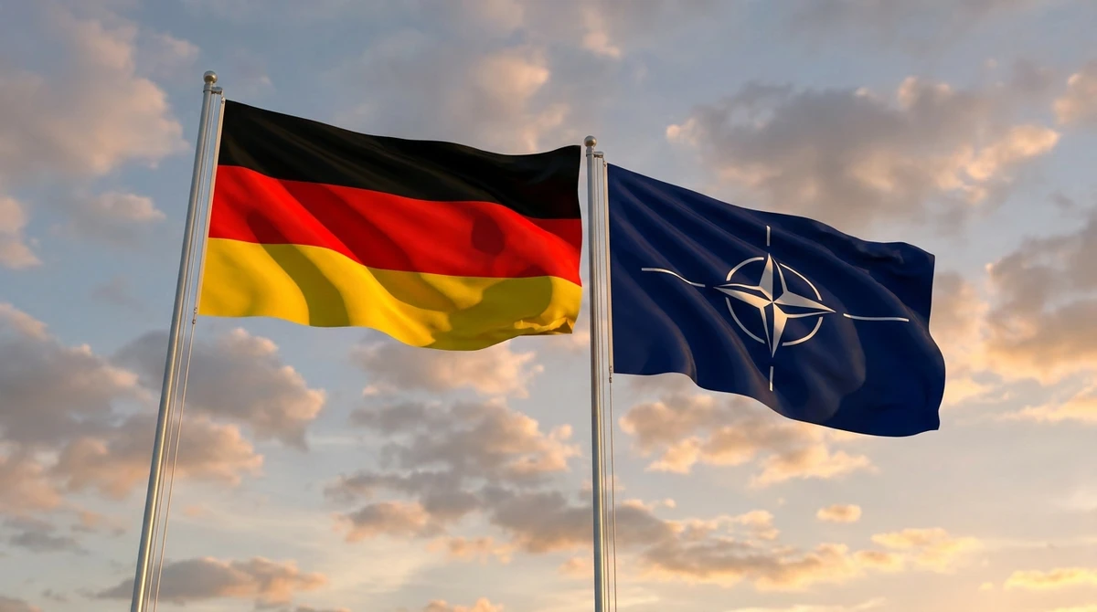 Illustration: German national flag flying alongside the NATO flag