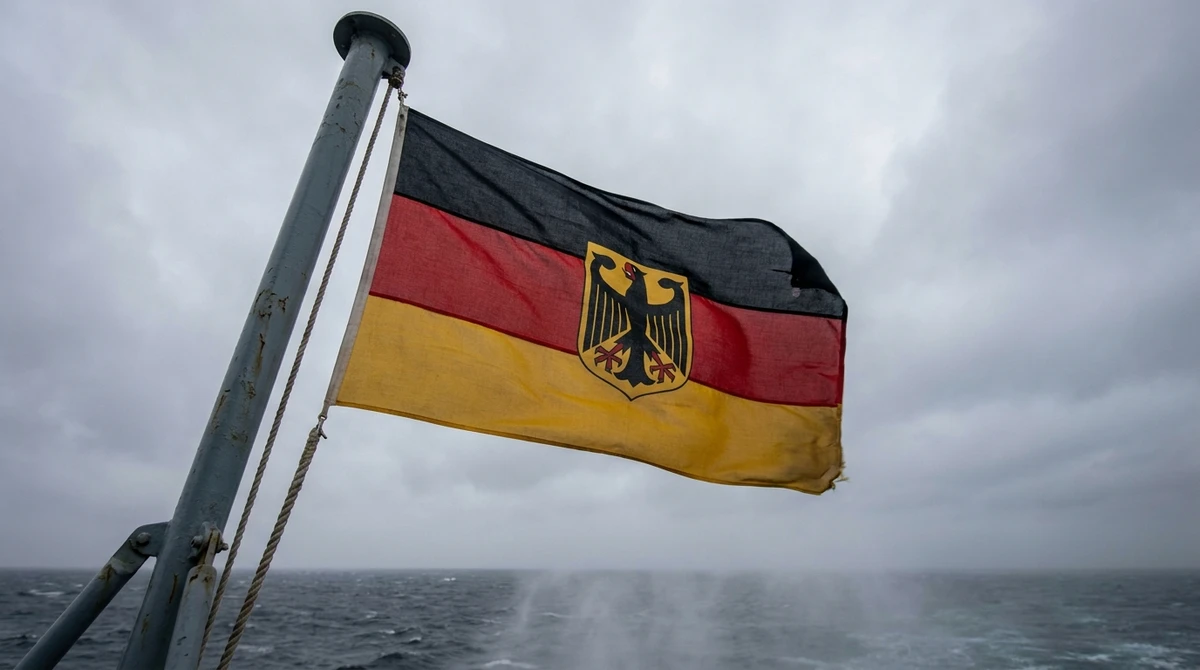 Illustration: German naval ensign flying from a warship mast at sea