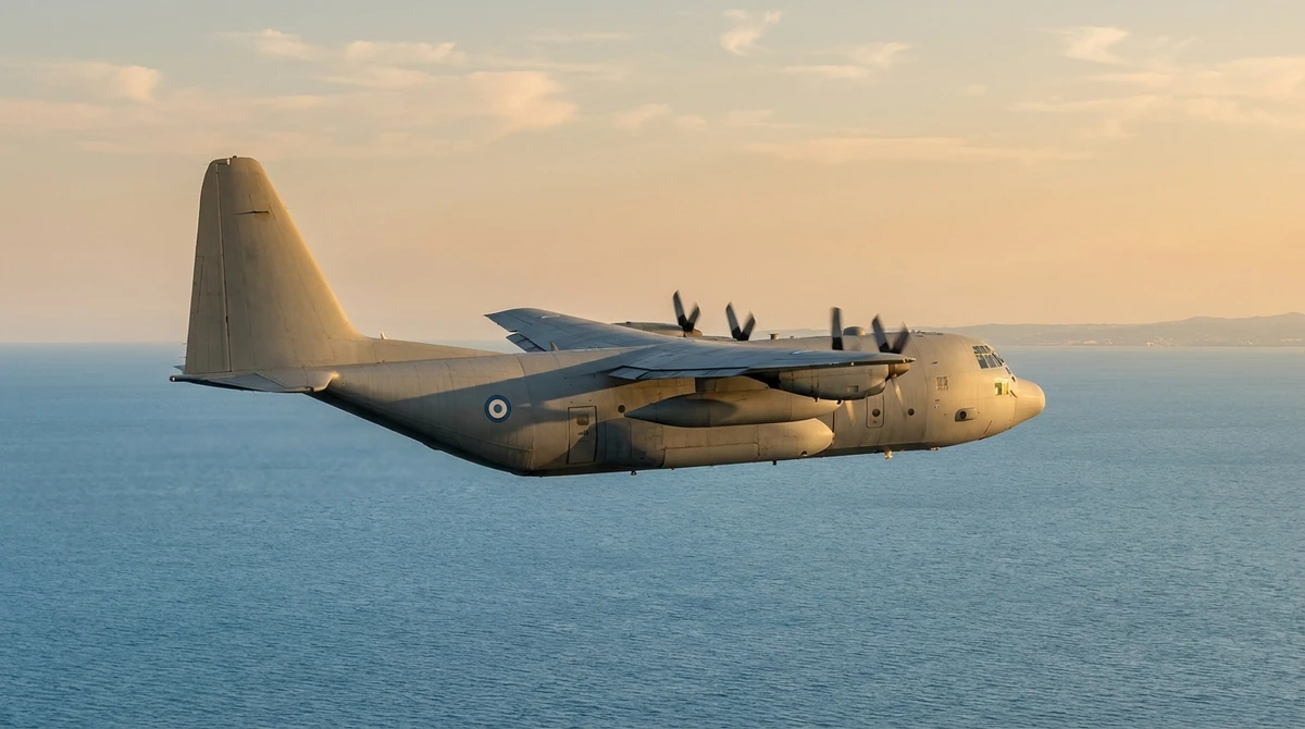 Illustration: C-130 Hercules tactical transport aircraft in flight