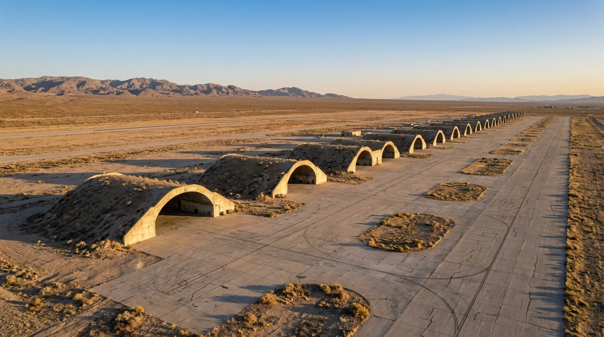 Illustration: hardened aircraft shelters on a desert airbase flightline at dusk