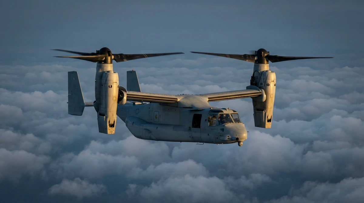 Illustration: US Marine Corps MV-22B Osprey tiltrotor in cruising flight