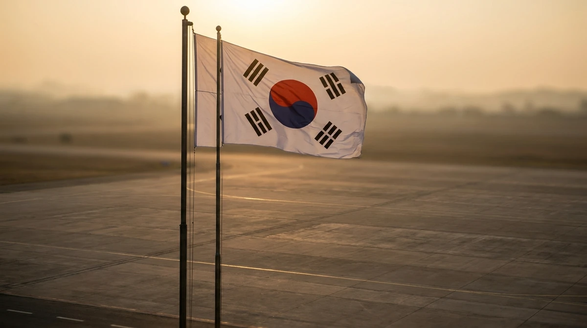 Illustration: South Korean national flag flying at a military airfield