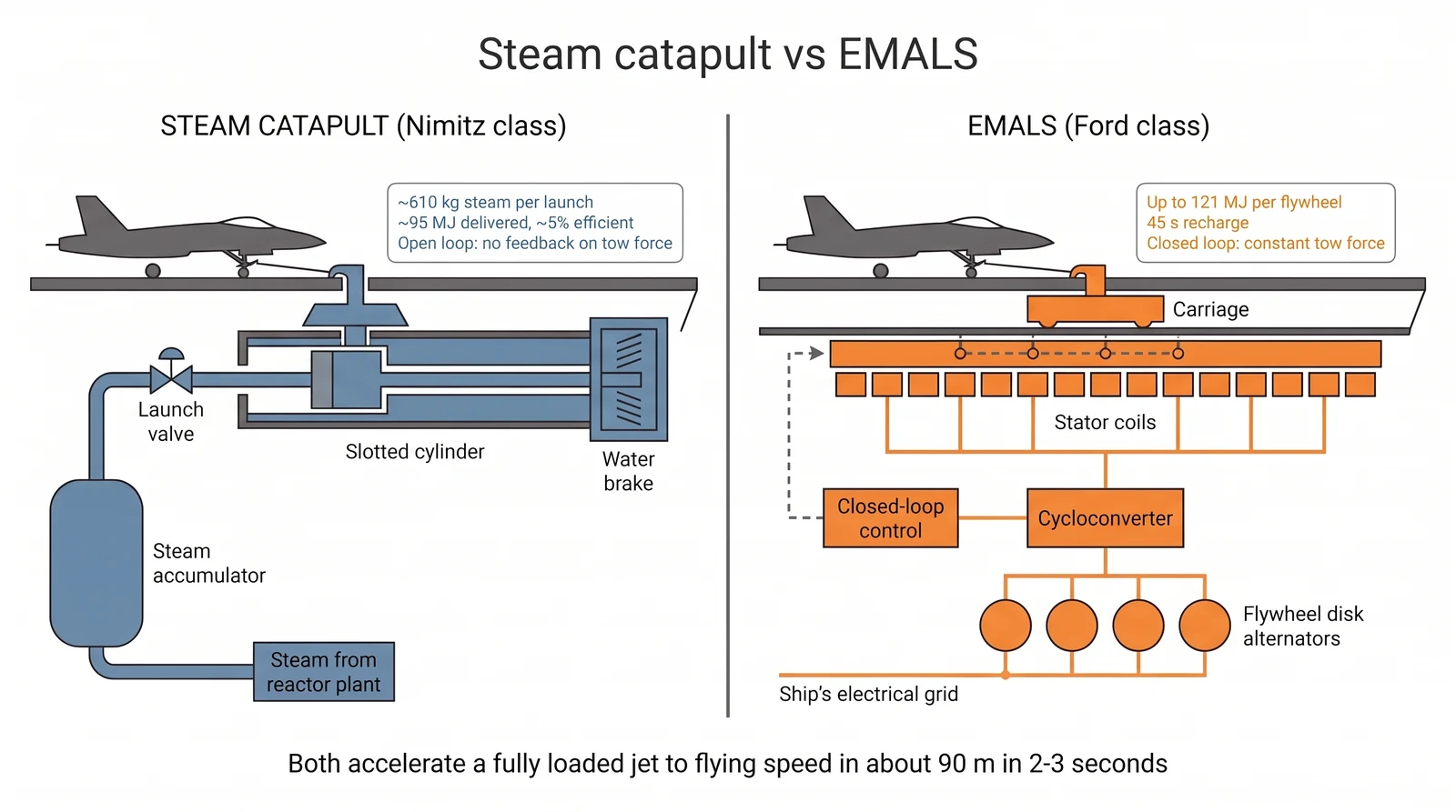 Schematic comparing a steam catapult (steam accumulator, launch valve, slotted cylinder, water brake) with EMALS (flywheel disk alternators, cycloconverter, stator coils, closed-loop control)