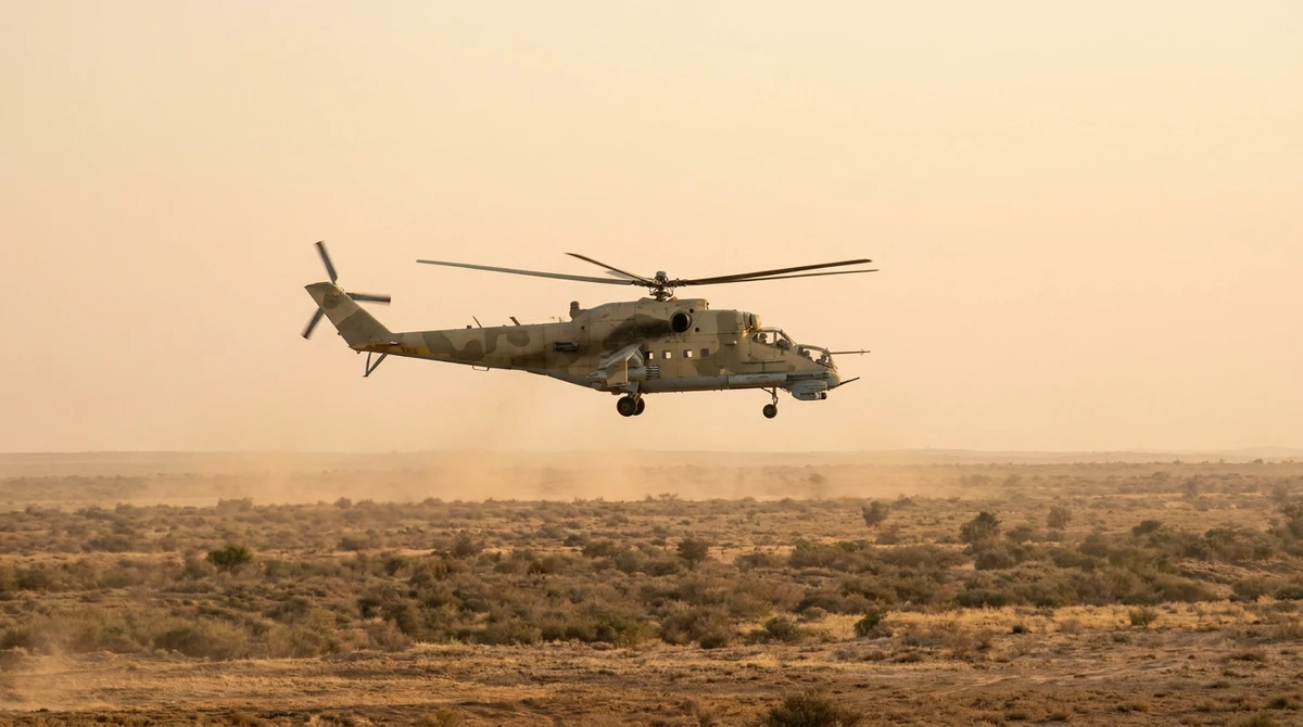 Illustration: Mi-24 attack helicopter flying low over arid terrain