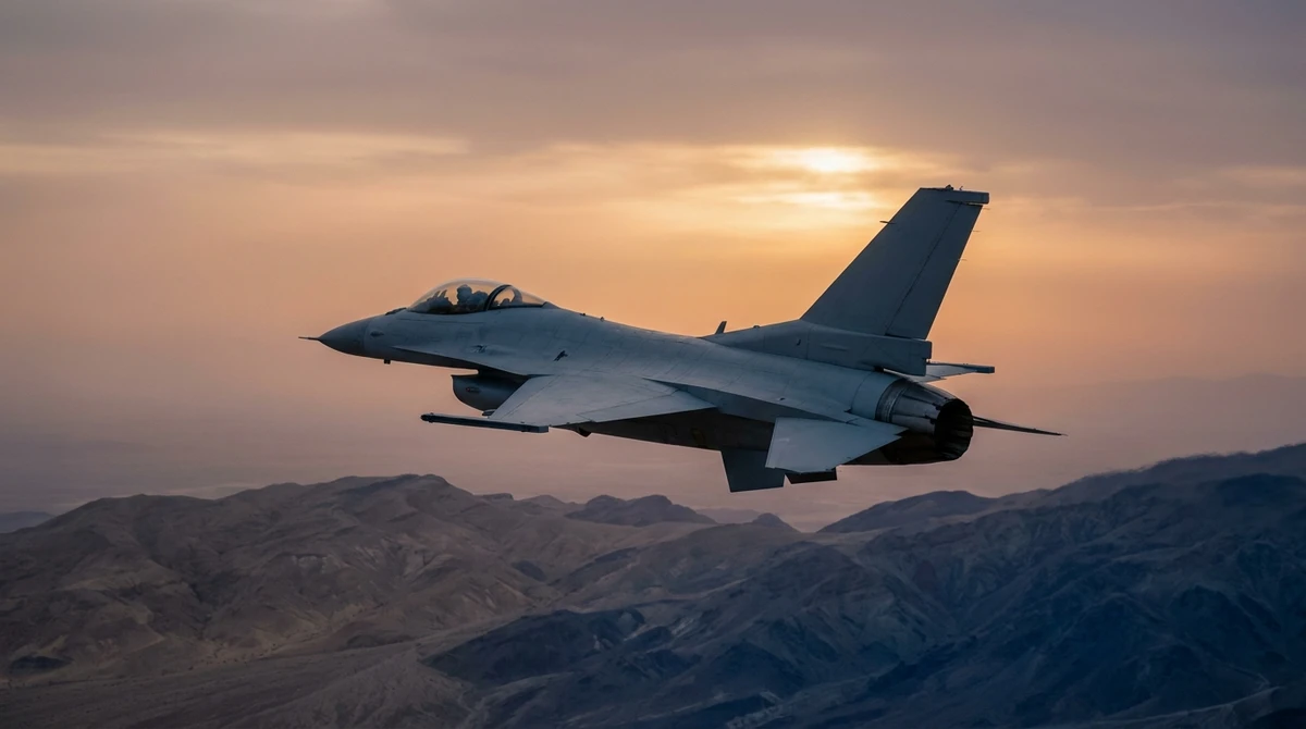 Illustration: F-16 multirole fighter in flight at dusk