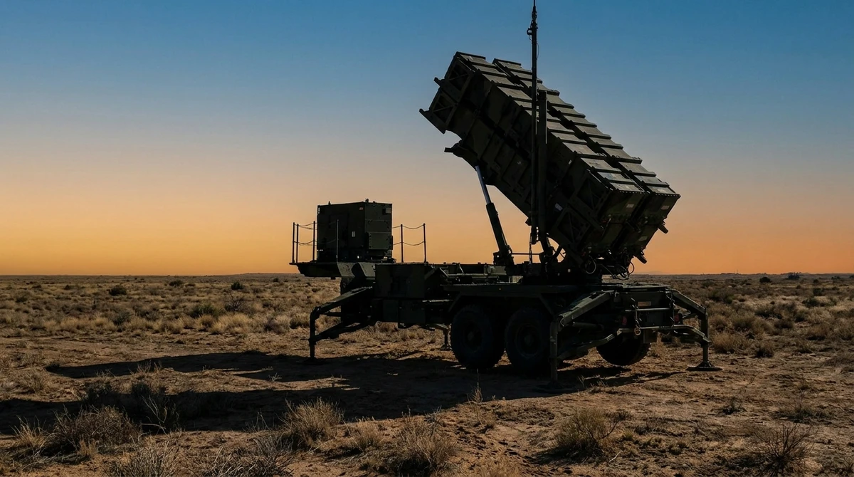 Illustration: ground-based air defense missile launcher with raised canisters at dusk