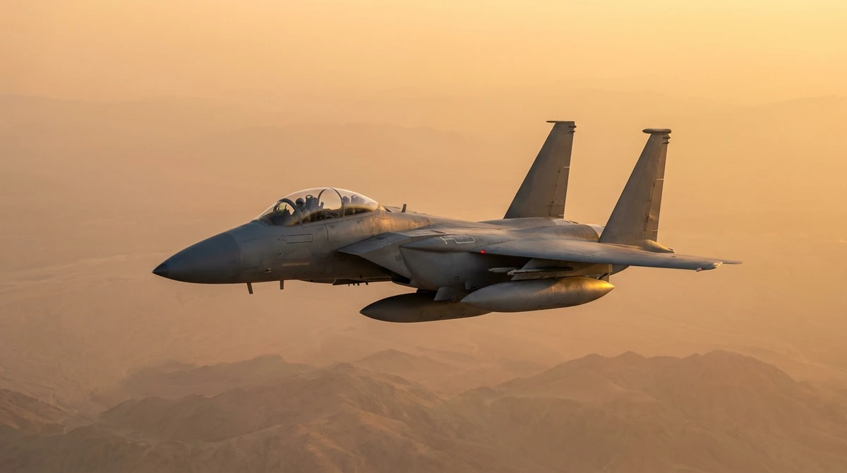 Illustration: F-15 strike fighter in flight at dusk