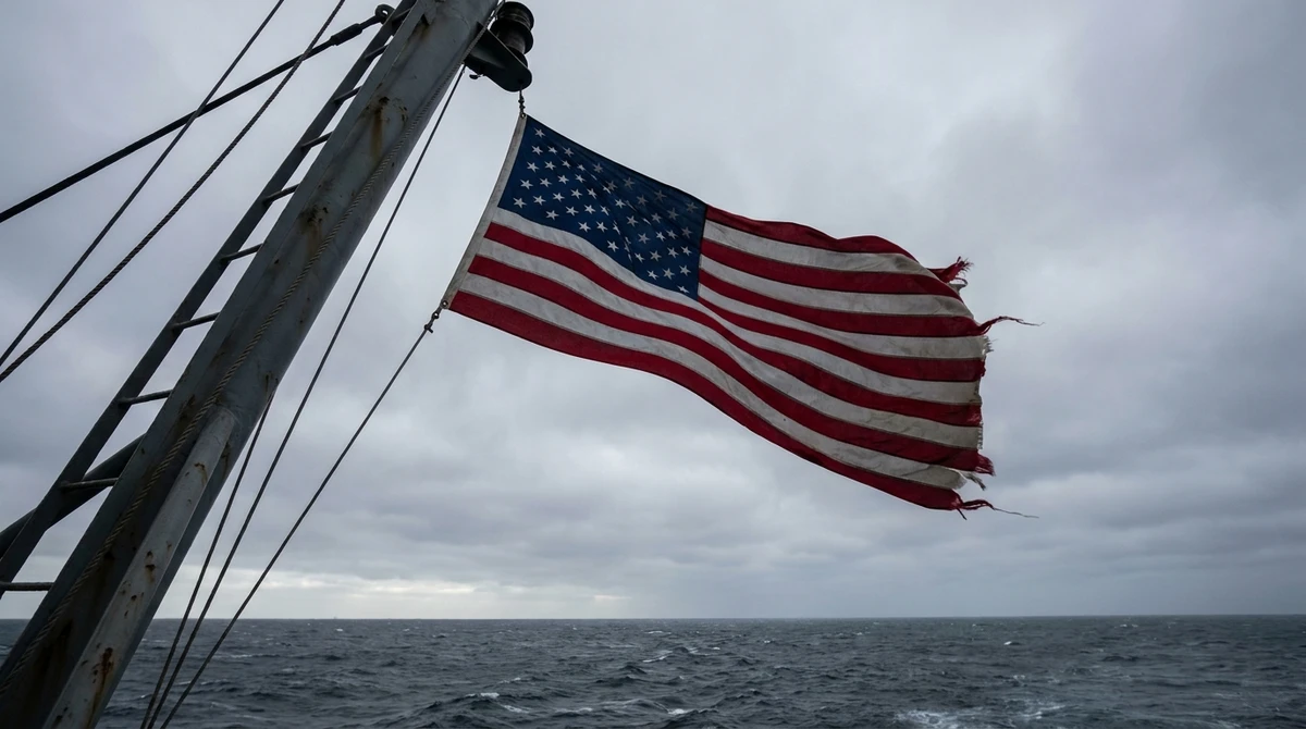 Illustration: United States national flag flying from a ship's mast at sea