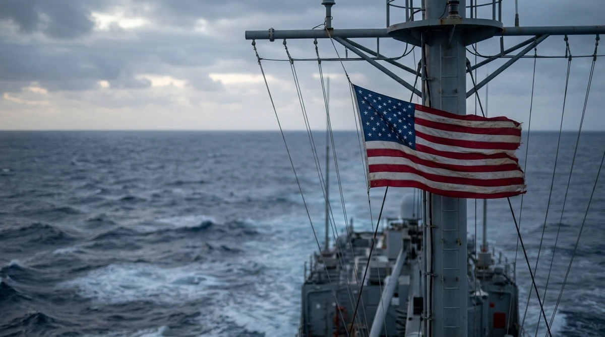 Illustration: the United States national ensign flying from a ship's mast at sea