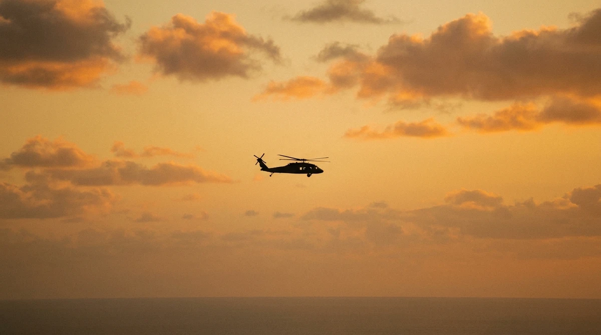 Illustration: helicopter silhouette in flight at dusk